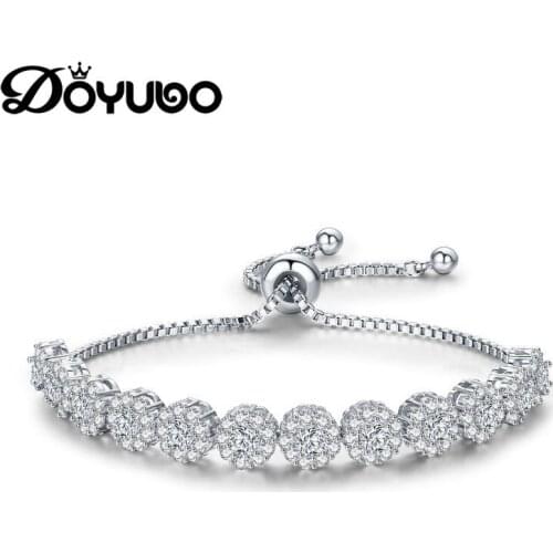 DOYUBO Adjustbale Zirconia Crystal Round Charm Bracelet Bangle Shiny Rose Silver&Gold Color Zircon Stone Jewelry For Women EC001