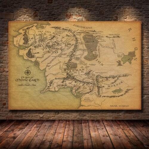 European Medieval Retro Map Middle-earth World Map HD Print Canvas Painting Living Room Bedroom Decoration Painting