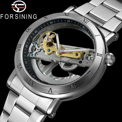 FORSINING Automatic Mechanical Men Wristwatch Military Male Clock Top Brand Luxury Silver Transparent Skeleton Man Watch 9418D