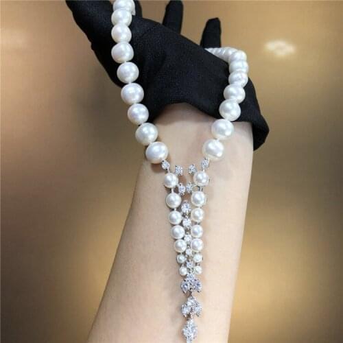 Hot sell style 9-10mm white freshwater pearl necklace 43cm zircon sweater chain luxury jewelry