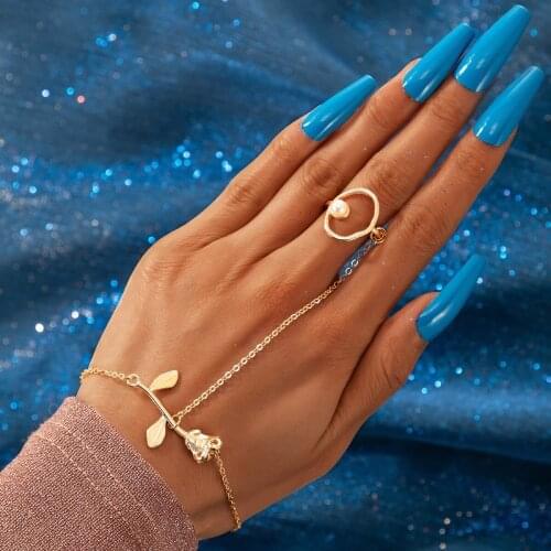 HuaTang Boho Stone Rose Flowers Gold Color Joint Ring for Women Pearl Long Chain Bracelet Geometry Weddings Jewelry Gift Anillo