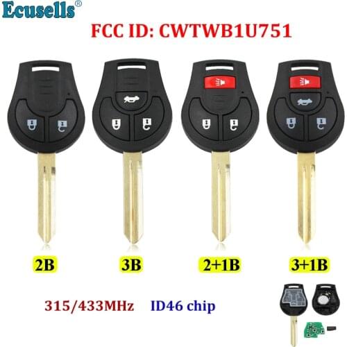 2/3/4 buttons Remote key 315mhz 433mhz ID46 chip for Nissan Note Micra Juke Duke Pathfinder with uncut key blade CWTWB1U751