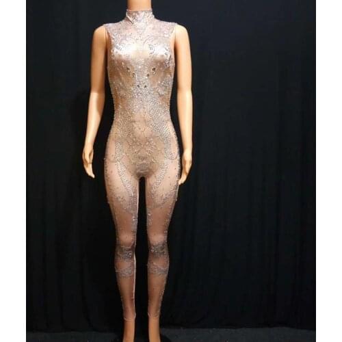 Sexy Rhinestone Jumpsuits Nude Crystal Skinny Rompers Nightclub Dance Leotard Singer Party Celebration Performance Outfits