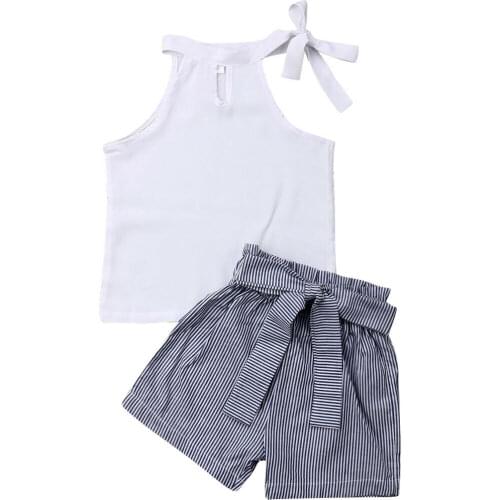 Citgeett Summer 2-7Years 2Pcs Toddler Kid Baby Girl Set Clothes Solid Tops Striped Shorts Pants Outfit