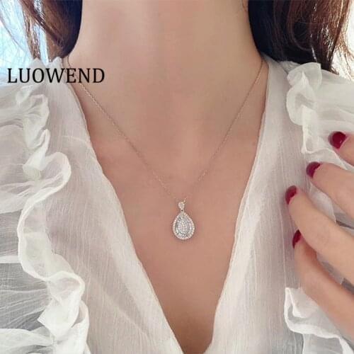 LUOWEND 100% Solid 18K White Gold Necklace Engagement Necklace Real Natural Diamond Pendant Necklace Proposal Birthday Gift