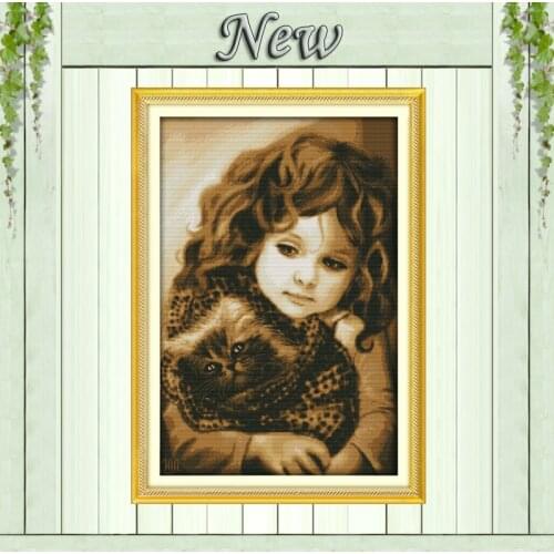 Lovely Girl and cat,11CT Pattern on the canvas DMC 14CT Cross Stitch kits,needlework all to embroidery for Sets,Baby Home Decor