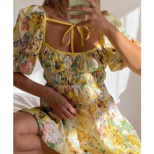 Sweet Full Flowers Print Short A-Line Dress Summer Women Lace-Up Square Neck Puff Sleeves Mini Dress Party Holiday Floral Dress