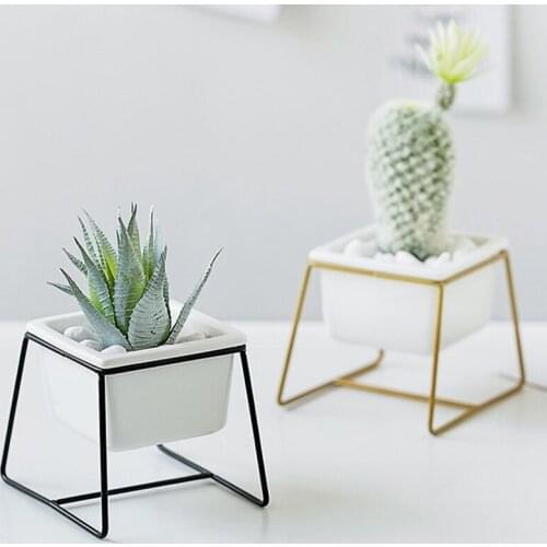 Nordic Minimalist Ceramic Flower Pots Art Potted Succulent Plant Pots with Iron Metal Shelf Home Desktop Decor Fairy Garden