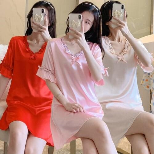 2021 New Summer Silk Satin Short Sleeve Nightgowns for Women Sexy Lace V-neck Sleepwear Nightdress Night Dress Home Dress Nighty