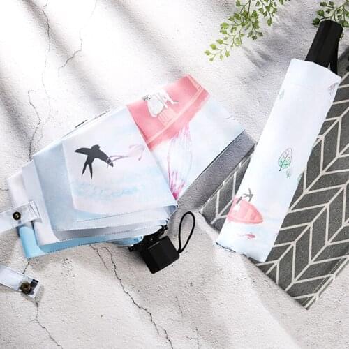 Autumn Landscape Boat Girl Three Folding Umbrella 8Rib Wind Resistant Frame For Women Waterproof Pencil Travel Umbrella