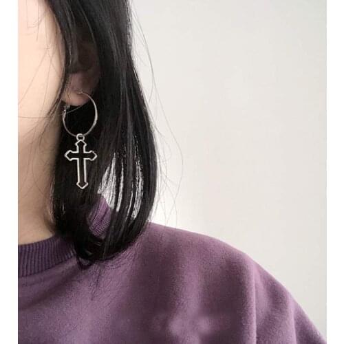 Punk Hollow Cross Pendant Dangle Earrings For Women Minimalist Silver Color Round Circle Drop Earring 2020 Ear Jewelry Gifts