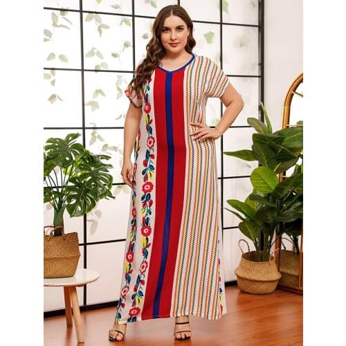 Comfortable Viscose print Plus Size Dresses for Women Summer V Neck Short Sleeve Maxi Long Dress Arab Clothing HB341