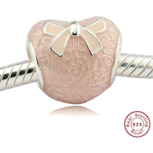 QANDOCCI Fits For Pandora Bracelets Pink Bow and Lace Heart Charms with Rose Soft Pink Enamel 100% Sterling Silver Beads