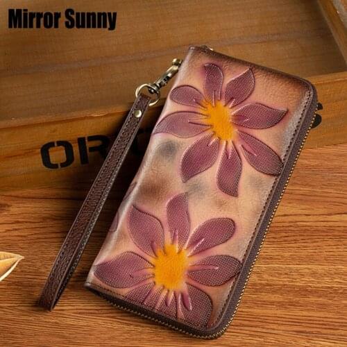 RFID Ladies Retro Long Wallet Top Layer Cowhide Genuine Leather Wristband Wallet Hand Brushed Color Card Bag Mobile Phone Bag