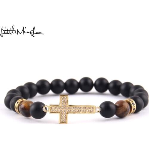 Little MingLou Luxury fashion Men bead Bracelet Micro Pave CZ rims & cross Charm Jesus bracelets & bangles for men Jewelry