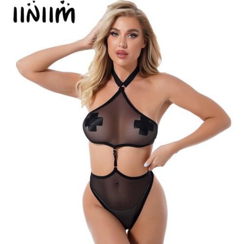 Sexy Women See-through Mesh One-piece Bodysuit Underwear Halter Neck Crotchless Thongs Sheer Leotard Cutout Catsuit Swimsuit