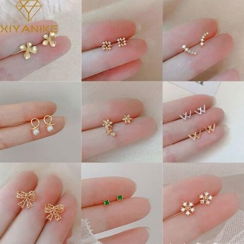 XIYANIKE 925 Sterling Silver Geometric Micro-inlaid Zircon Flower Crown Pearl Stud Earrings Women Sweet Prevent Allergy Gifts