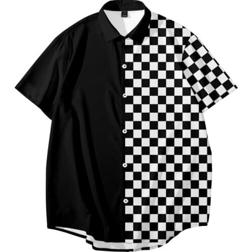 Checkerboard Splicing Printed Casual Men Vintage Loose Beach Shirt New Hawaiian Short Sleeve Shirt Streetwear Oversize 6XL