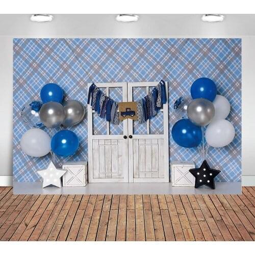 Blue Cake Smash Photography Backdrop Boy Newborn Portrait Baby Shower Balloons Wood Barn Door Lattice 1st Birthday Party