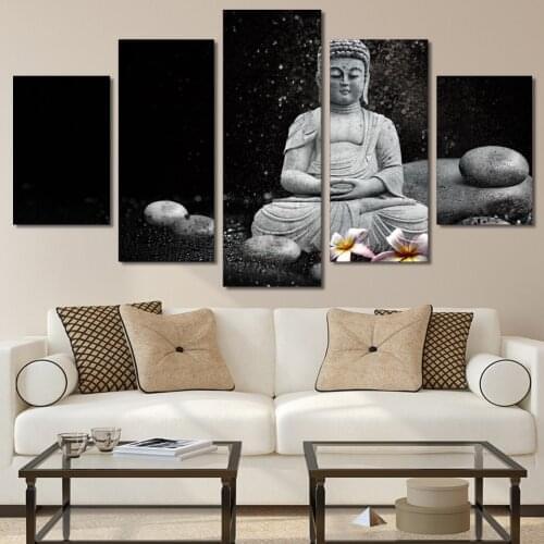 Modern Canvas Painting Wall Art Pictures 5 Pieces Buddha Meditation Rain Pebble Home Decor Living Room HD Print Poster Framework