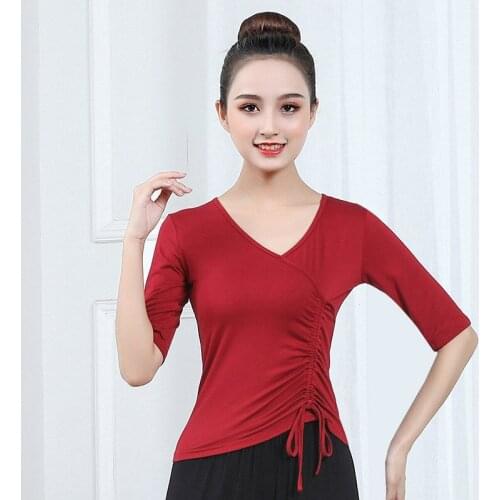 Women Latin tops Dance V-neck Short Sleeve Slim Sexy Modern Ballroom Samba Tango Flamengo Dancing Practice T-shirt Costume