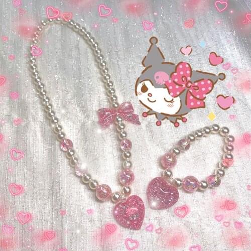 Japanese Girl Choker Pearl Heart Y2K Classic Spice Lolita Necklace Pearl Necklace Bracelet 2 Pcs