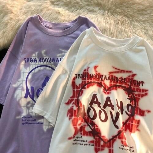 Short-sleeved t-shirt women loose love letters flame printing punk Harajuku clothes t-shirt vintage size y2k top Female clothing