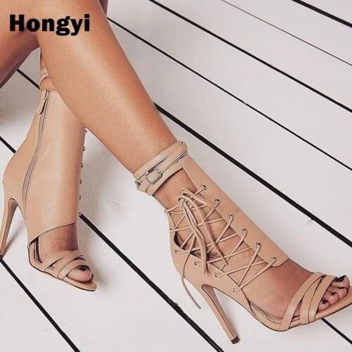 Sexy Women Buckle Straps Sandals Gladiator Roman Cut-outs Strappy Ankle Sandals Boots Woman Lace Up Stiletto High Heels Shoes