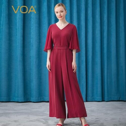VOA Silk 46m/m Boundless Micro Elastic Stripe Wine Red V-neck Contrast Panel 5 Sleeve Wide Leg Jumpsuit Women KE299