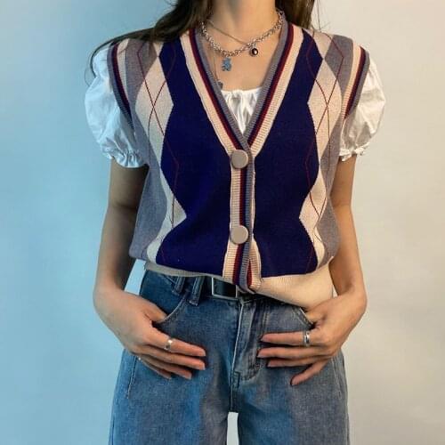 Print Knit Short Women Cardigan Vest Patchwork Plaid Single Breasted Sleveless Open front Fall Vintage V-Neck Lady Sweater Vest