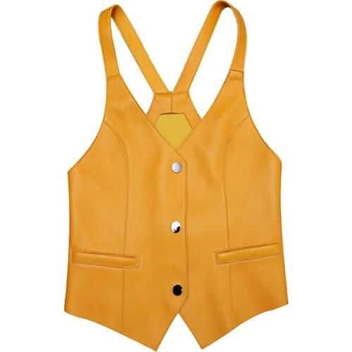 Spring New Women Sleeveless Sling Sheepskin Leather Waistcoat Female Personality Deep V-neck Vest Yellow Suit Dress Gilet