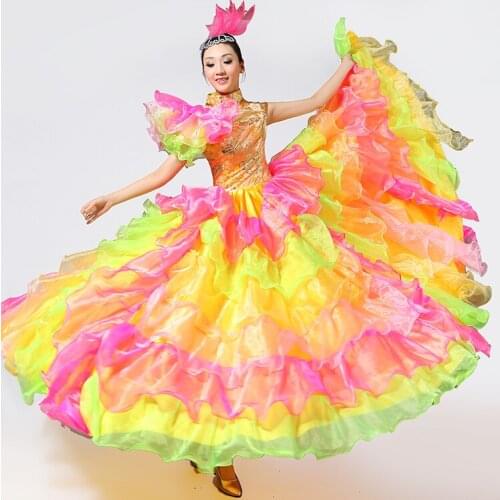 100%real carnival rainbow ruffled dance stage peformance long dress