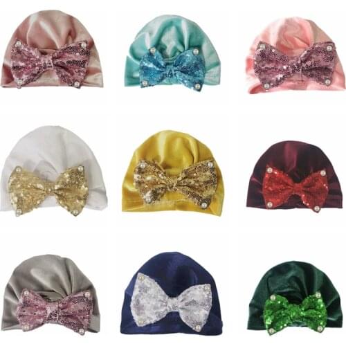 11 Colors Shining Big Sequins Pearls Bows Hats High Quality Velvet Newborn Infant Caps Children Bowknot Headwear Birthday Gifts