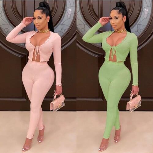 2020 Elegant Women Autumn V-neck 2 Piece Set Solid Long Sleeve Open Stitch Low Cut Lace-up T-shirt Tops High Waist Long Pants