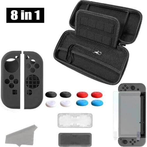 8 in 1 Set Carbon Fibre Storage Carry Bag Case Tempered Glass Screen Protector Silicone Case for Nintend Switch NS Console