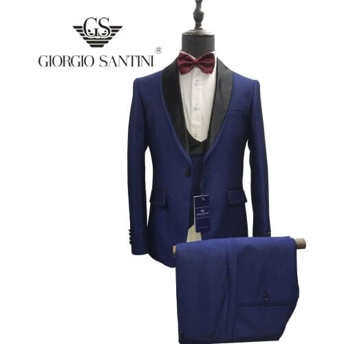 GIORGIOSANTINI Mens Wedding Suits 2019 Italian Design Custom Made BLUE Smoking Tuxedo Jacket 3 Piece Groom Terno Suits For Men