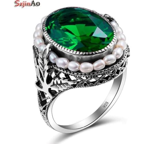 Szjinao Ring silver Ring 925 Plain Natural Pearl Gemstone Rings For Women Emerald Green Stone Lace Vintage Engagement Sieraden