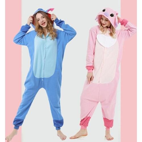 Women Men Cute Cartoon Stitch Onesies Unisex Winter Animal Onesies Nightwear Anime Costumes Adults Fleece Sleepwear Pajamas