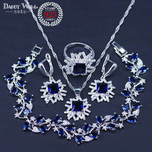 Blue Cubic Zirconia AAA Quality Silver Color Jewelry Sets For Women Classy Wedding Necklace/Rings/Earrings/Bracelet