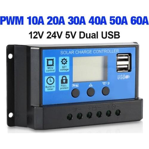 Solar Charge Controller 12V 24V 20A 30A 40A 50A Automatic Solar Panel Controller Regulator Universal USB 5V Charging LCD Display