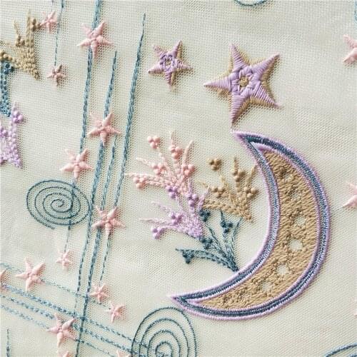 Lace Fabric With Stars&Moon Design 59" Wide Illusion Floral Embroidered Soft Gauze Fabric Lace By The Yard