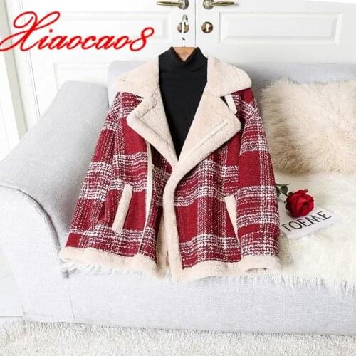 2021 Winter Womens Plaid Woolen Short Lambswool Jacket High Quality Turn Down Collar Outerwear Coat Plus Size Female Parkas