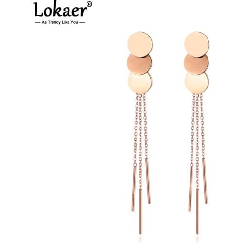 Lokaer Fashion Jewelry 3 Stainless Steel Round Disc with Tassel Earring Rose Gold Color Gift For Women Exaggeration E18104