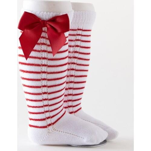 Cute Striped Baby Girl Socks Autumn Winter Sweet Princess Bow Baby Knee High Socks Soft Cotton Socks For Toddler Kids 6-12Month
