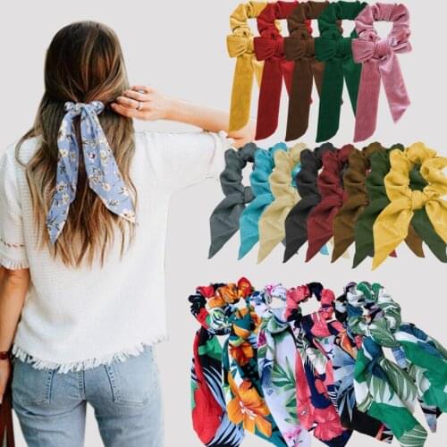 Fashion Hair Scrunchies Ponytail Holder Bow Elastic Hair Accessories For Women Hair Bow Ties Hair Bands Flower Print Ribbon