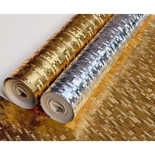 10MX53CM Luxury Reflective Wire Drawing Gold Foil Mosaic Wallpaper PVC Silver Metallic Wallpaper Waterproof for Living Room Bar