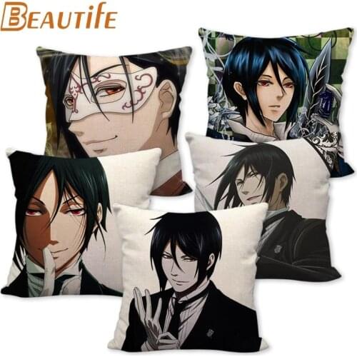 Black Butler Sebastian Michaelis Pillowcase Bedroom Home Decorative Cover 45x45cm Square Zipper Pillow Cases Cotton Linen Fabric
