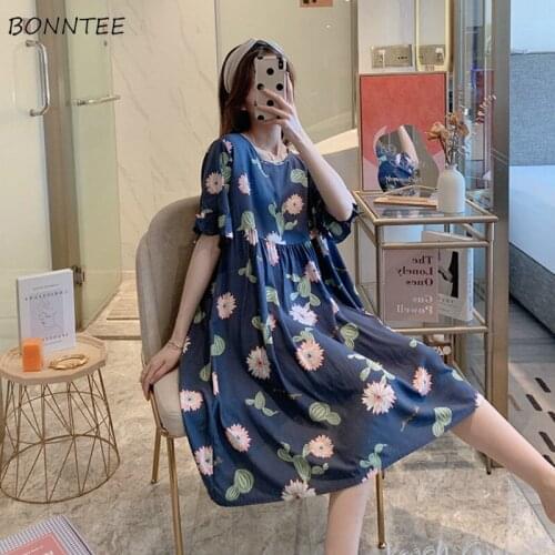 Summer Nightgowns Women Short Sleeve Loose Chic Sweet Simple Daily Femme Sleepwear Casual Cartoon O-neck Ladies Nightwear Chic