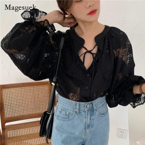 New Spring 2021 Women Shirts Lace Shirt Long Sleeve Tops Fashion Lantern Loose Blouse Cardigan Chic Black Clothing Blusas 10202