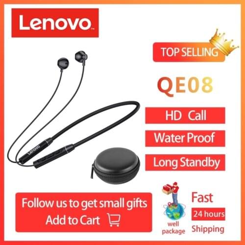 NEW Lenovo QE08 Neckband Wireless Bluetooth Headphones HIFI 9D Stereo Sports Magnetic Earphone Running Waterproof